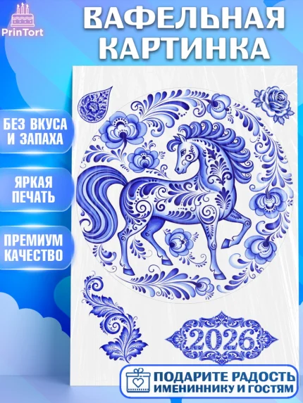 Вафельная картинка, Новый год, 2026, лошадь, лошадка, Ёлка, год лошади, гжель, городецкая роспись, арт. PT221907