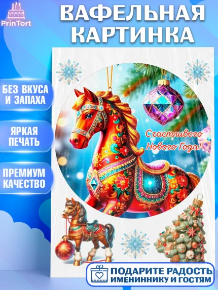 Вафельная картинка, Новый год, 2026, лошадь, лошадка, Ёлка, год лошади, новогодние игрушки, звери, арт. PT221920