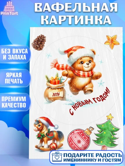Вафельная картинка, Новый год, 2026, лошадь, лошадка, Ёлка, год лошади, новогодние игрушки, звери, арт. PT221923