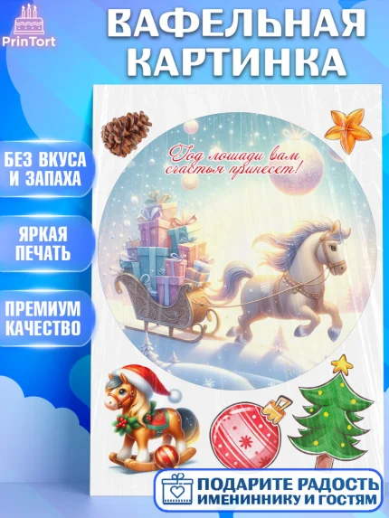 Вафельная картинка, Новый год, 2026, лошадь, лошадка, Ёлка, год лошади, новогодние игрушки, звери, арт. PT221928