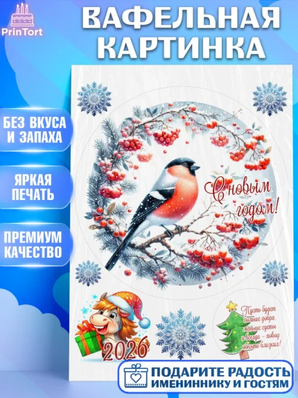 Вафельная картинка, Новый год, 2026, лошадь, лошадка, Ёлка, год лошади, новогодние игрушки, звери, арт. PT221930