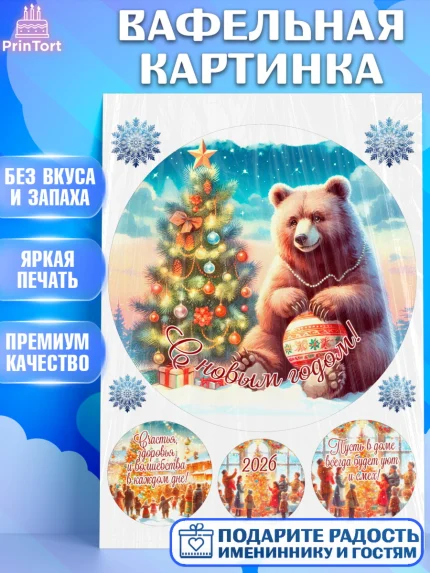 Вафельная картинка, Новый год, 2026, лошадь, лошадка, Ёлка, год лошади, новогодние игрушки, звери, арт. PT221931