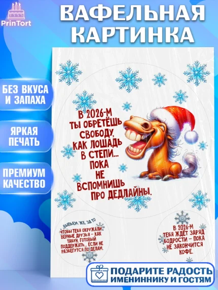 Вафельная картинка, Новый год, 2026, лошадь, лошадка, Ёлка, год лошади, новогодние игрушки, звери, арт. PT221935