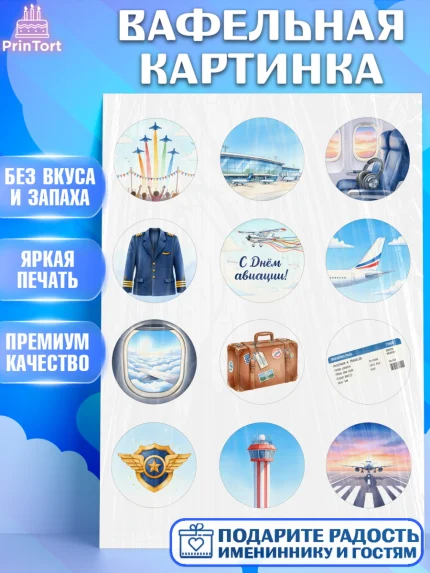 Вафельная картинка, Авиация, пилот, стюардесса, самолет, путешествие, автопилот, билет, паспорт, арт. PT222538