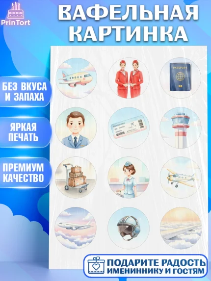 Вафельная картинка, Авиация, пилот, стюардесса, самолет, путешествие, автопилот, билет, паспорт, арт. PT222539