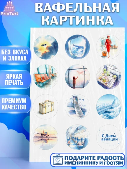 Вафельная картинка, Авиация, пилот, стюардесса, самолет, путешествие, автопилот, билет, паспорт, арт. PT222541