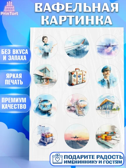 Вафельная картинка, Авиация, пилот, стюардесса, самолет, путешествие, автопилот, билет, паспорт, арт. PT222542