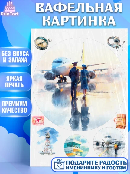 Вафельная картинка, Авиация, пилот, стюардесса, самолет, путешествие, автопилот, билет, паспорт, арт. PT222553