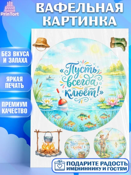 Вафельная картинка, Рыбаку, Лучшему рыбаку. Рыба, удочка, сети, лодка, Мужчина, арт. PT223578