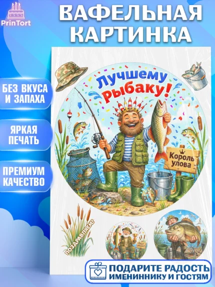 Вафельная картинка, Рыбаку, Лучшему рыбаку. Рыба, удочка, сети, лодка, Мужчина, арт. PT223580