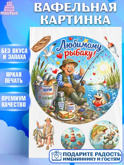 Вафельная картинка, Рыбаку, Лучшему рыбаку. Рыба, удочка, сети, лодка, Мужчина, арт. PT223582