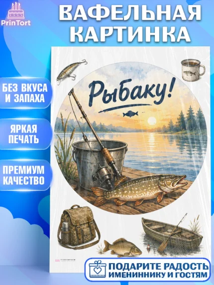Вафельная картинка, Рыбаку, Лучшему рыбаку. Рыба, удочка, сети, лодка, Мужчина, арт. PT223587