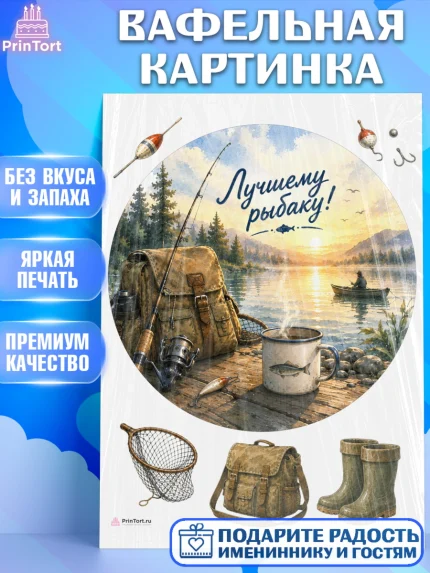 Вафельная картинка, Рыбаку, Лучшему рыбаку. Рыба, удочка, сети, лодка, Мужчина, арт. PT223591