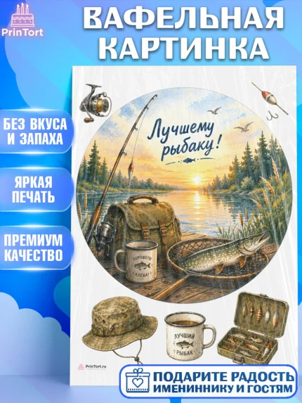 Вафельная картинка, Рыбаку, Лучшему рыбаку. Рыба, удочка, сети, лодка, Мужчина, арт. PT223592