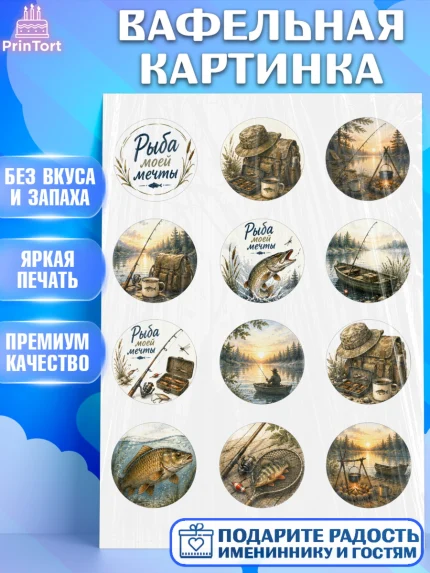 Вафельная картинка, Рыбаку, Лучшему рыбаку. Рыба, удочка, сети, лодка, Мужчина, арт. PT223593