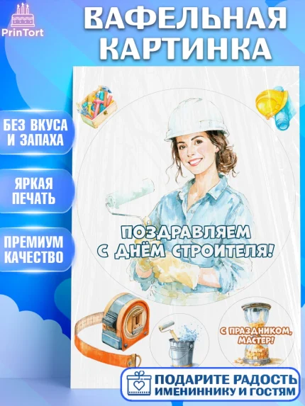 Вафельная картинка, день строителя, Поздравление с днём строителя, Девушка, арт. PT223670