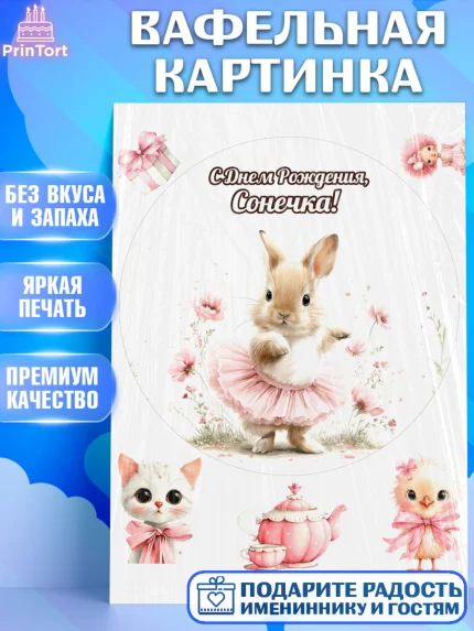Вафельная картинка, С Днём Рождения!, Поздравление с Днем Рождения! Заец, цветы, поларок, арт. PT223757