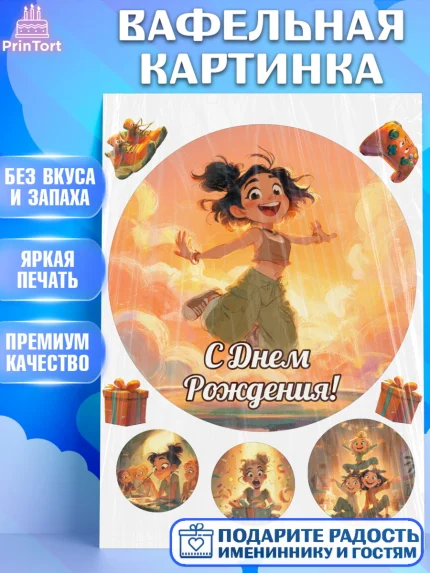 Вафельная картинка, С Днём Рождения!, Девушка, подарки. Поздравление с Днём Рождения!, Девочка, арт. PT224076