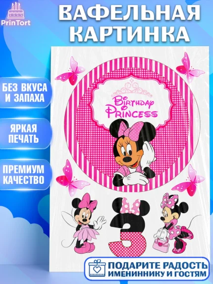 Вафельная картинка, Микки Маус, Минни Маус, Девочка, День рождения, арт. PT224619