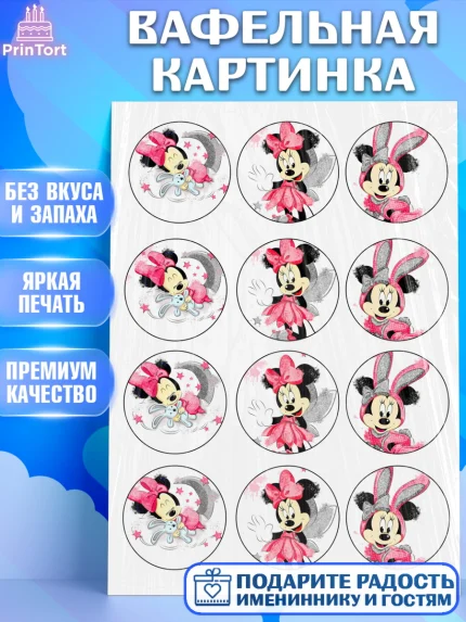 Вафельная картинка, Микки Маус, Минни Маус, Девочка, День рождения, арт. PT225033