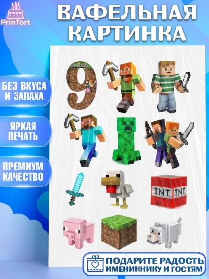 Вафельная картинка, Майнкрафт, Minecraft, Мальчик, 9 лет, День рождения, арт. PT225541