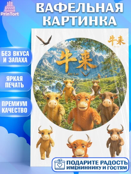 Вафельная картинка, Бычок Лай, Мальчик, День рождения, арт. PT227361