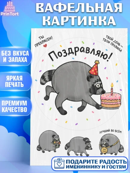 Вафельная картинка, Енот Джимити, Мальчик, День рождения, арт. PT227388