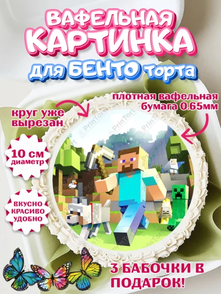 Вафельный круг для Бенто 10см, Майнкрафт, Мальчик, День рождения, арт. PT300087