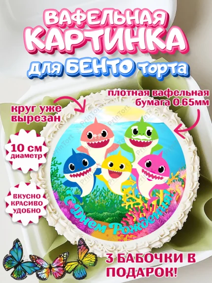 Вафельный круг для Бенто 10см, Акулёнок, Девочка, День рождения, арт. PT301319