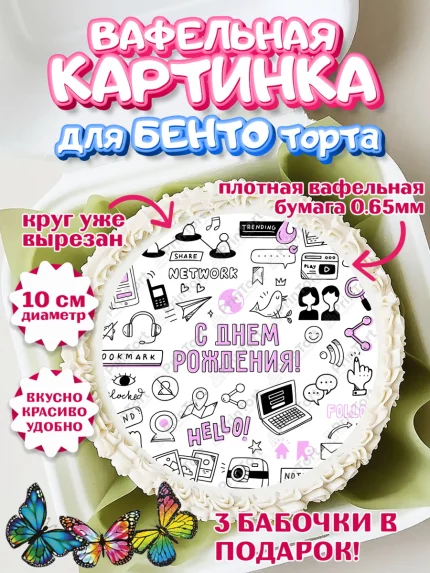 Вафельный круг для Бенто 10см, ТикТок, TikTok, Девочка, День рождения, арт. PT301510