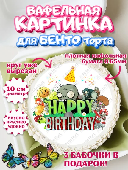 Вафельный круг для Бенто 10см, Растения против зомби, Девочка, День рождения, арт. PT302902
