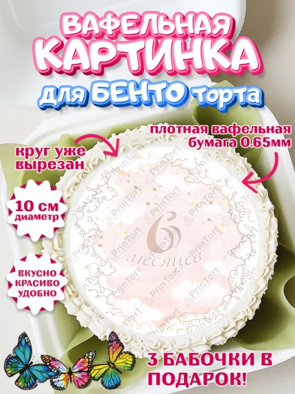 Вафельный круг для Бенто 10см, Полгода Малышу, Девочка, 6 месяцев, День рождения, арт. PT303769