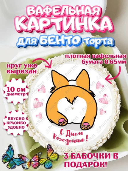 Вафельный круг для Бенто 10см, Прикольная, попа собаки Корги - С Днём Рождения, Девочка, арт. PT303884