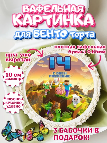 Вафельный круг для Бенто 10см, Майнкрафт, Мальчик, 14 лет, День рождения, арт. PT304452