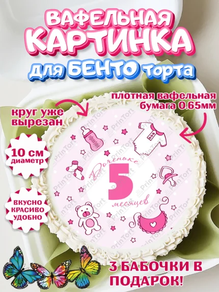 Вафельный круг для Бенто 10см, Девочке 5 мес, Девочка, 5 месяцев, День рождения, арт. PT307554