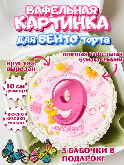 Вафельный круг для Бенто 10см, Девочке 9 мес, Девочка, 9 месяцев, День рождения, арт. PT307630