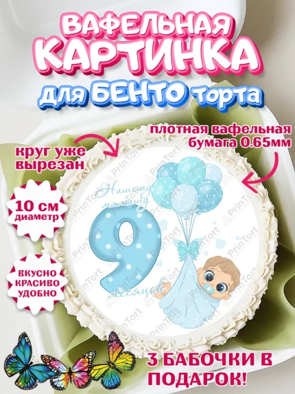 Вафельный круг для Бенто 10см, Мальчику 9 месяцев, Мальчик, 9 месяцев, День рождения, арт. PT308138
