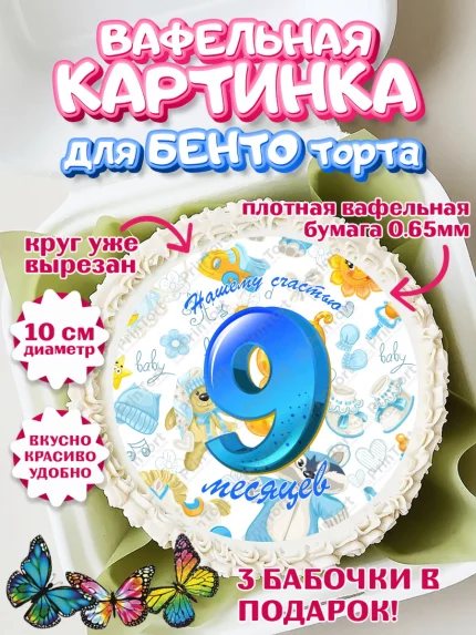 Вафельный круг для Бенто 10см, Мальчику 9 месяцев, Мальчик, 9 месяцев, День рождения, арт. PT308142