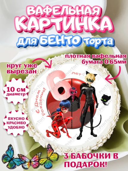 Вафельный круг для Бенто 10см, Леди Баг, Девочка, 6 лет, День рождения, арт. PT309093
