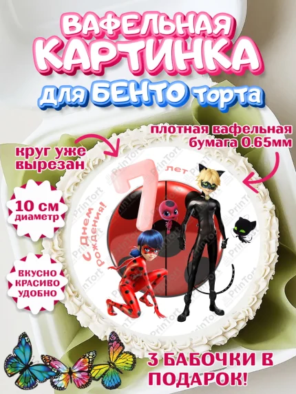 Вафельный круг для Бенто 10см, Леди Баг, Девочка, 7 лет, День рождения, арт. PT309094