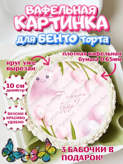Вафельный круг для Бенто 10см, Я скоро буду, Новорожденный, Девочка, Рождение ребёнка, арт. PT310427