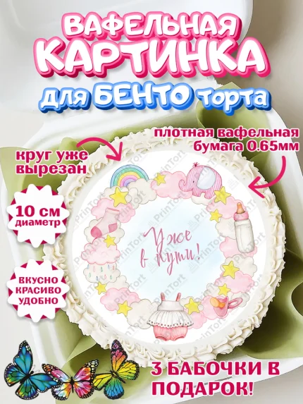 Вафельный круг для Бенто 10см, Я скоро буду, Новорожденный, Девочка, Рождение ребёнка, арт. PT310428