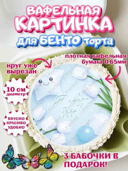 Вафельный круг для Бенто 10см, Я скоро буду, Новорожденный, Мальчик, Рождение ребёнка, арт. PT310447