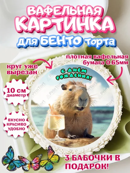 Вафельный круг для Бенто 10см, Капибара, Девочка, День рождения, арт. PT311032