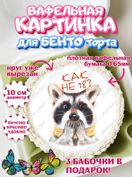 Вафельный круг для Бенто 10см, Енот, Животные, Девочка, День рождения, арт. PT311447