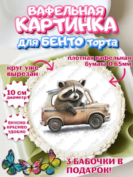 Вафельный круг для Бенто 10см, Енот, Животные, Девочка, День рождения, арт. PT311448