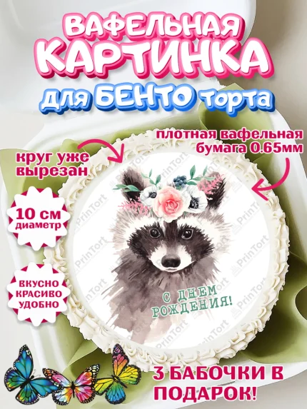 Вафельный круг для Бенто 10см, Енот, Животные, Девочка, День рождения, арт. PT311449