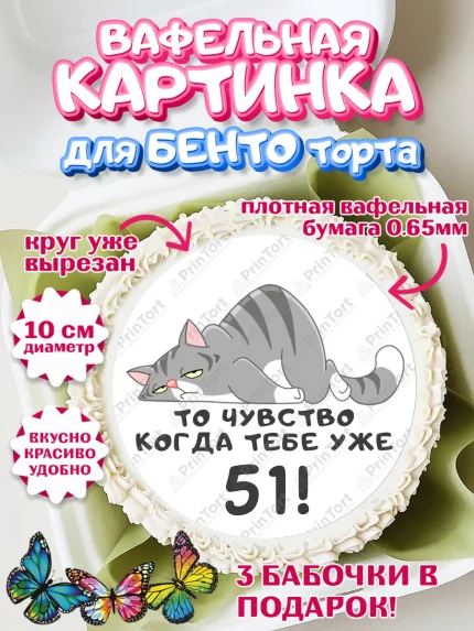 Вафельный круг для Бенто 10см, с днем рождения, Девушка, 51 год, День рождения, арт. PT311948