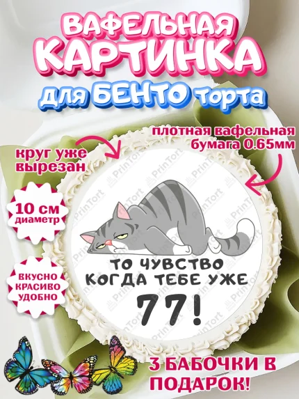 Вафельный круг для Бенто 10см, с днем рождения, Девушка, 77 лет, День рождения, арт. PT311974