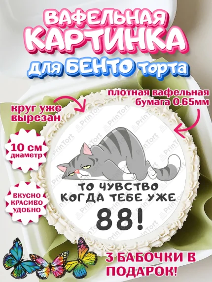 Вафельный круг для Бенто 10см, с днем рождения, Девушка, 88 лет, День рождения, арт. PT311985
